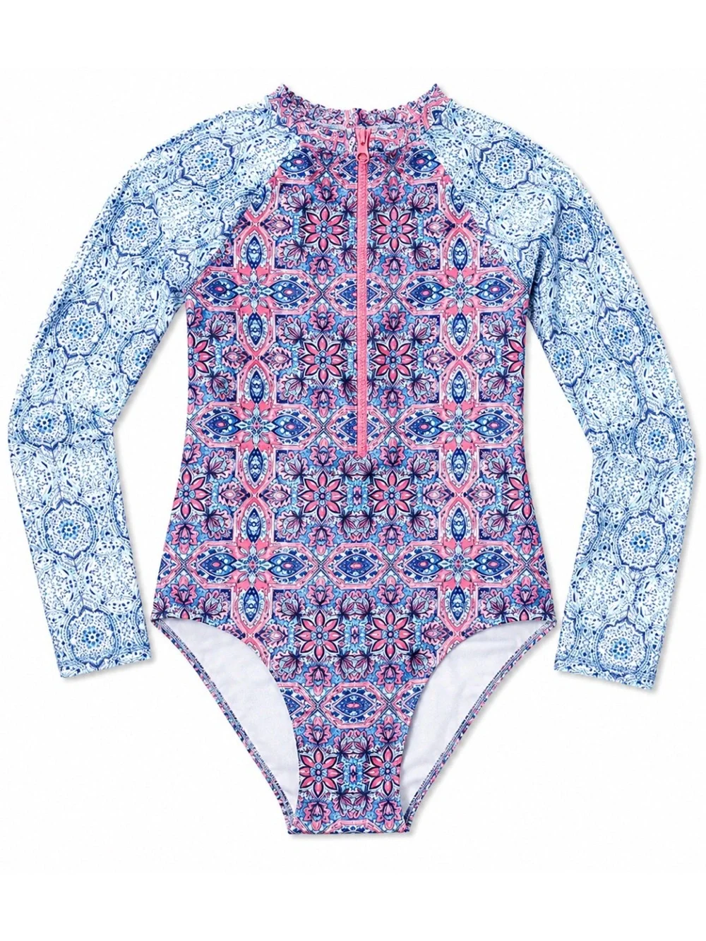 Seafolly Blue Pink & Purple Boho Tile Long Sleeve Rashguard 1 Piece Size 14